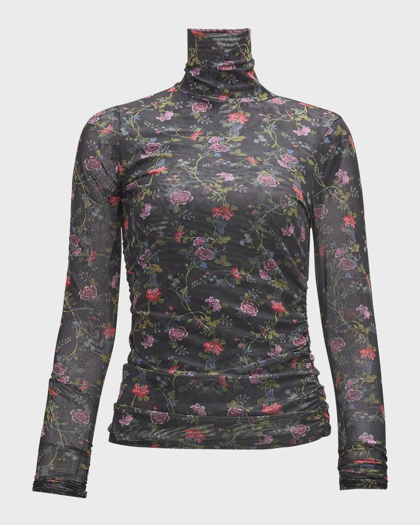 Cinq a Sept Hana Floral Shirred Mesh Turtleneck Top