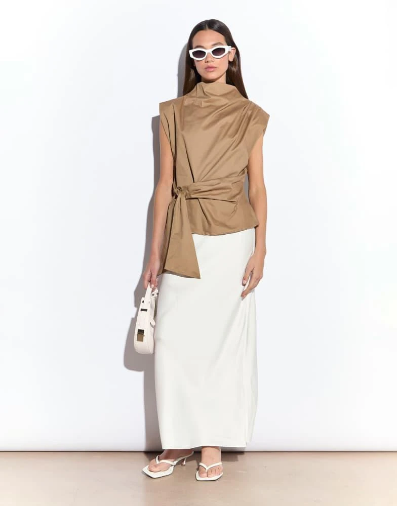 Narrated Narrated Belted tie waist top in tan 4