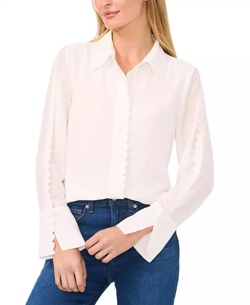 CeCe Women's Scalloped-Trim Collared Long-Sleeve Blouse 1