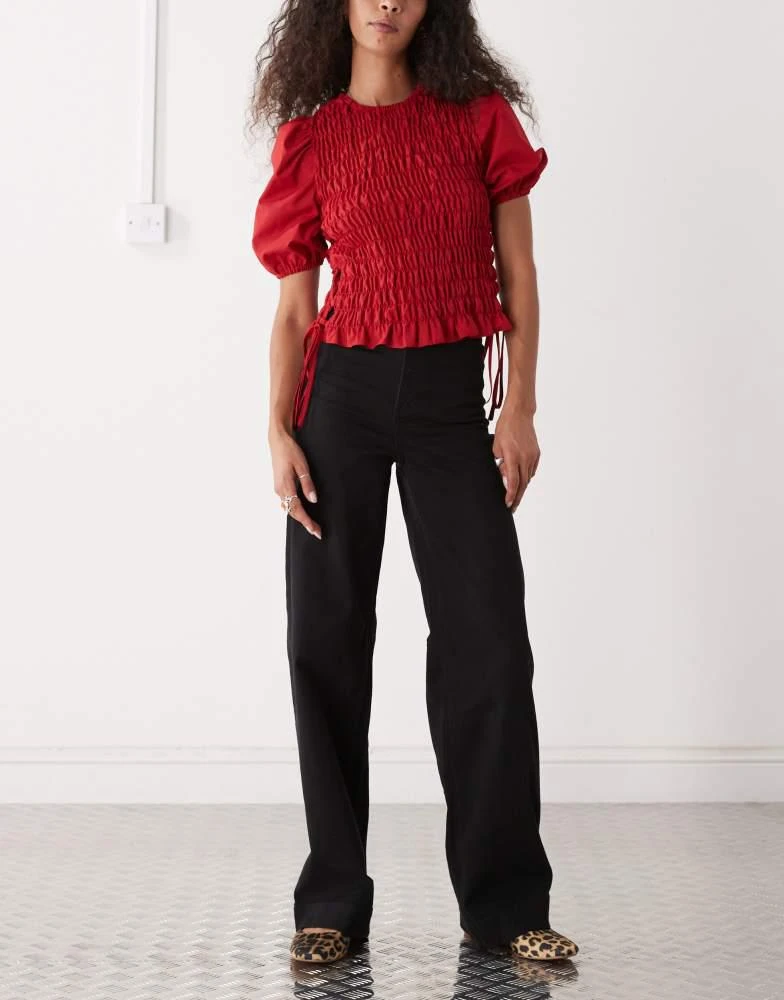 Shop Monki stretch cotton wide leg trousers in black on Sale at