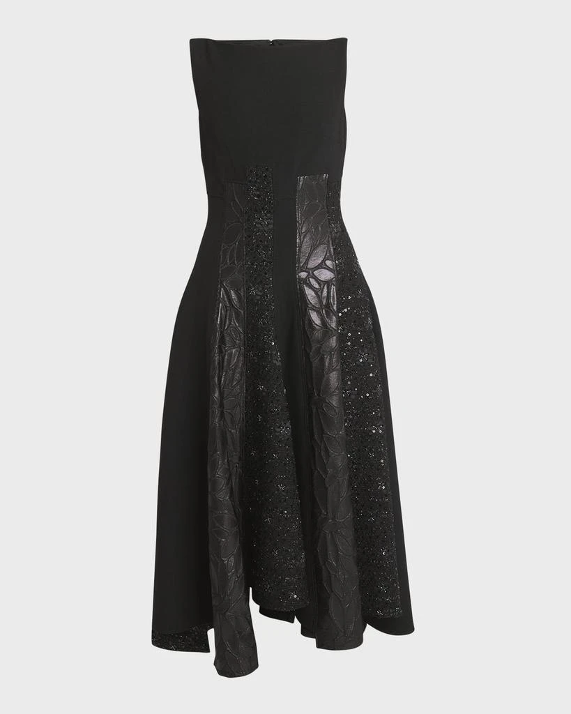 Talbot Runhof Mixed-Media Black Iris Tweed Paneled Midi Dress 1