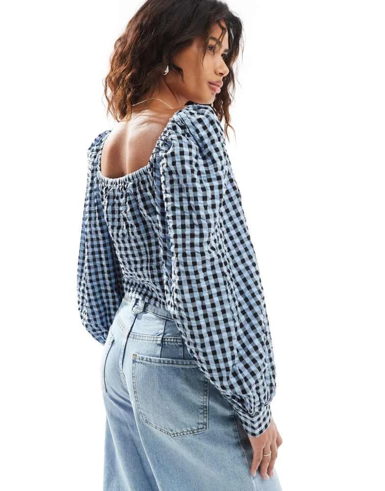 Monki Monki long sleeve seersucker button front blouse in black and dark blue check gingham 4