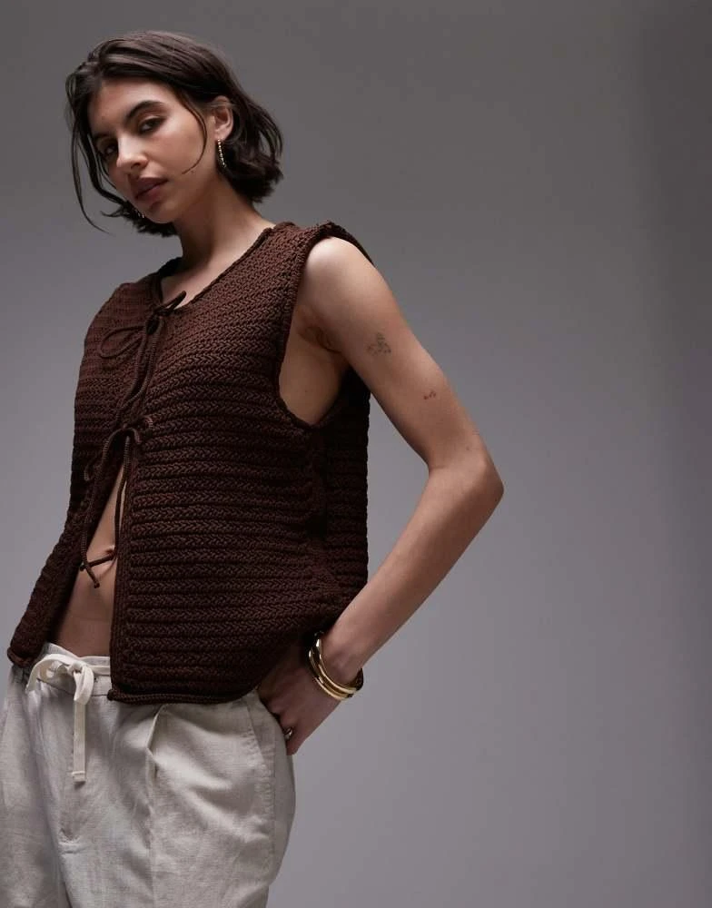Topshop Topshop knitted tie front waistcoat in brown