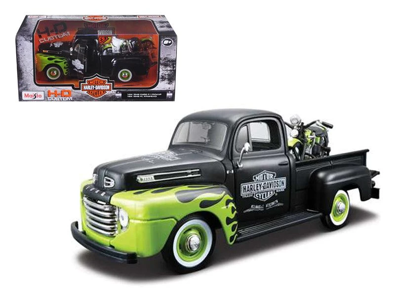 Maisto 1948 Ford F-1 Pickup Truck "Harley Davidson" with 1948 Harley Davidson FL Panhead Motorcycle Black and Green 1/24 Diecast Models by 1