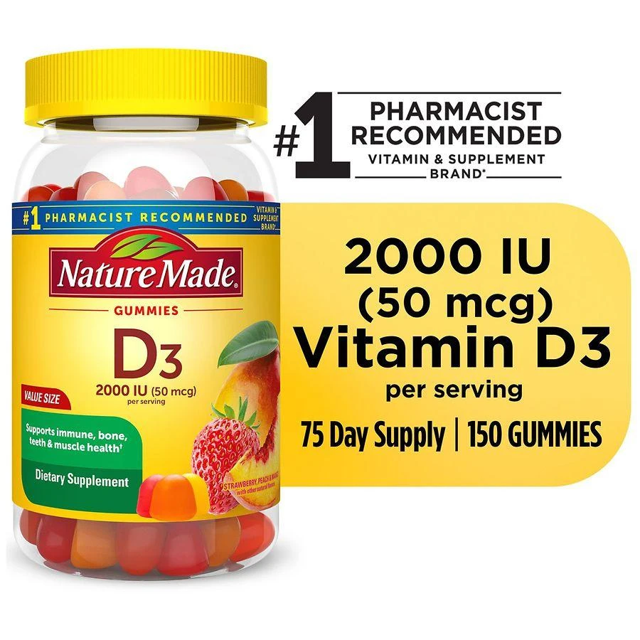 Nature Made Vitamin D3 2000 IU (50 mcg) Per Serving Gummies Strawberry, Peach
Mango 8