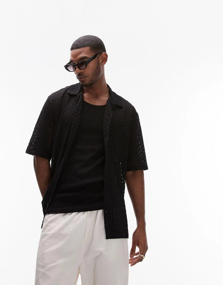 Topman Topman oversized fit button through jersey crochet polo in black 1