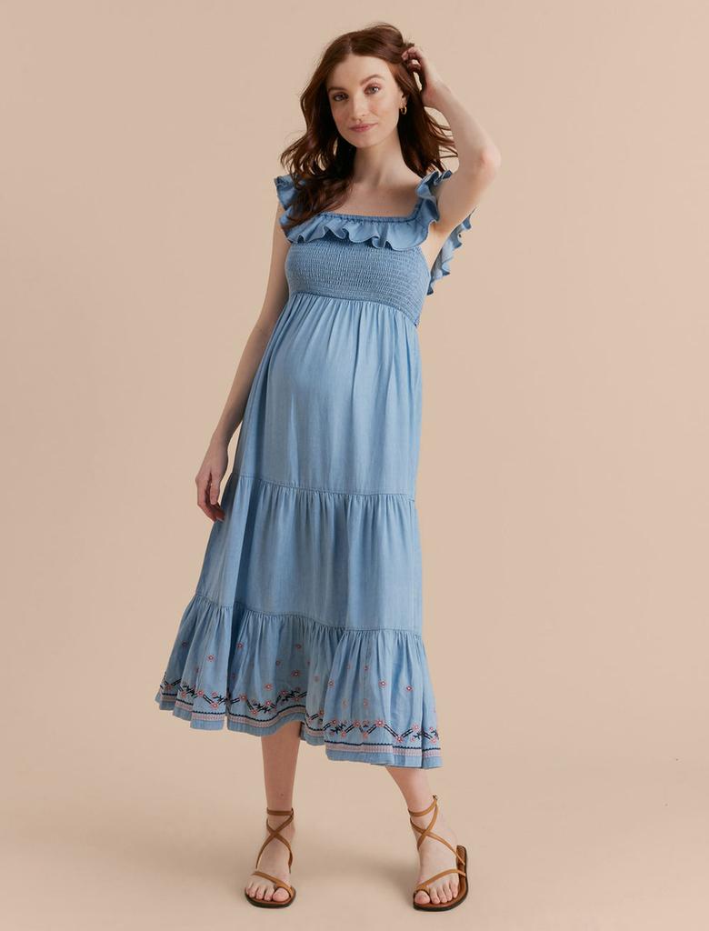 A Pea in the Pod Ruffle Smocked Midi Maternity Dress