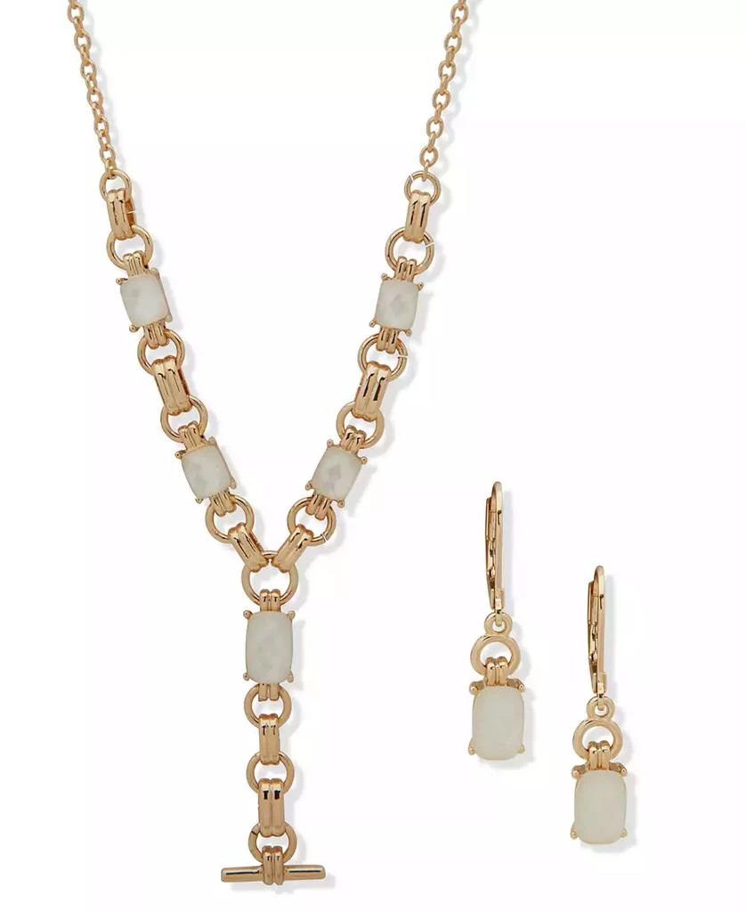 Anne Klein 2-Piece Plastic and Imitation Pearl Linked Stone Toggle Y-Necklace and Earrings Set