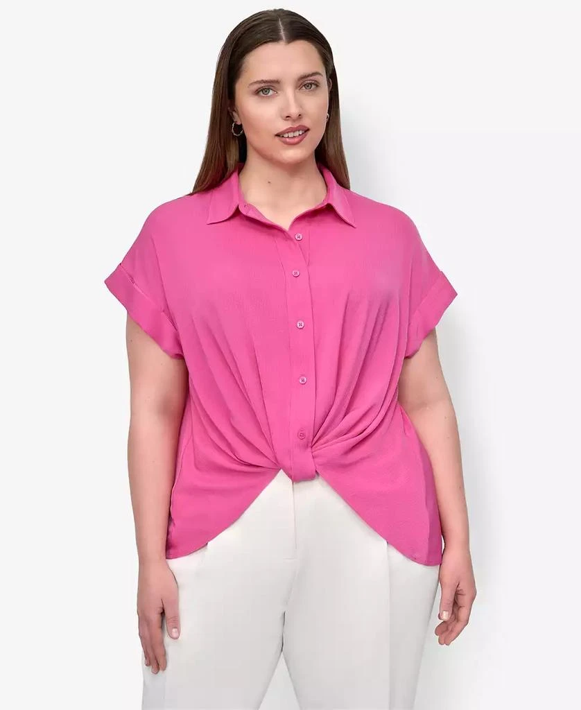 DKNY Plus Size Collared Twist-Hem Shirt 1