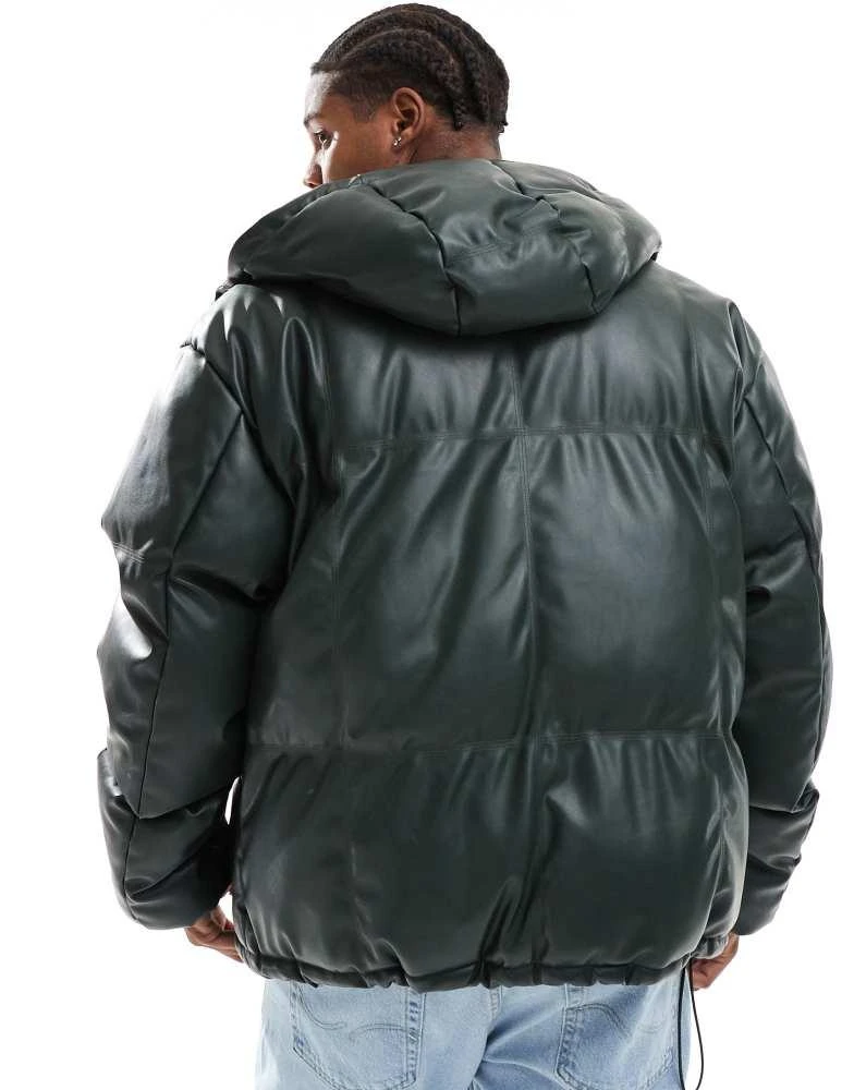 ASOS ASOS DESIGN faux leather puffer jacket with hood in green 4