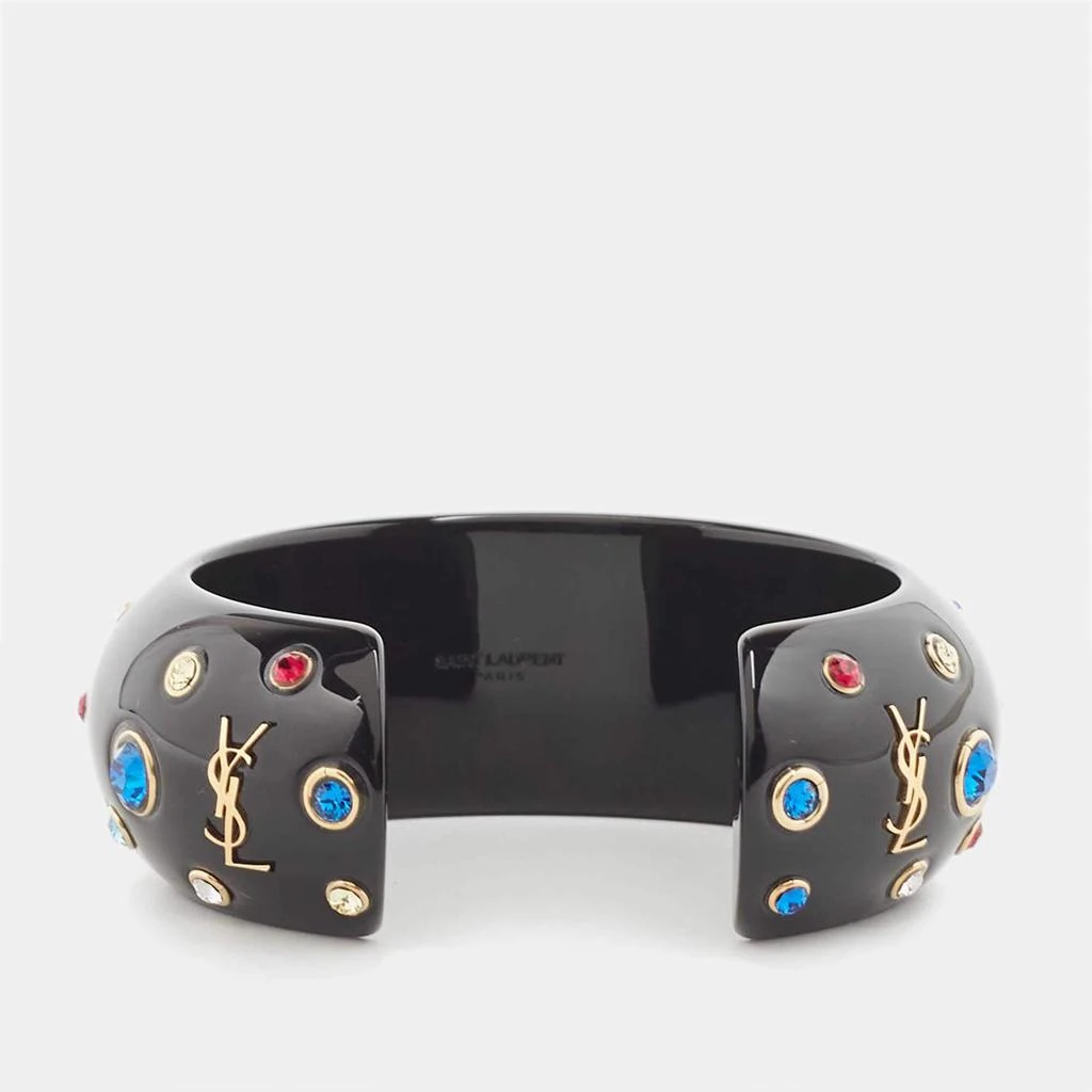 Saint Laurent Paris Saint Laurent Black Crystal Embellished Gold Tone Open Cuff Bracelet 2