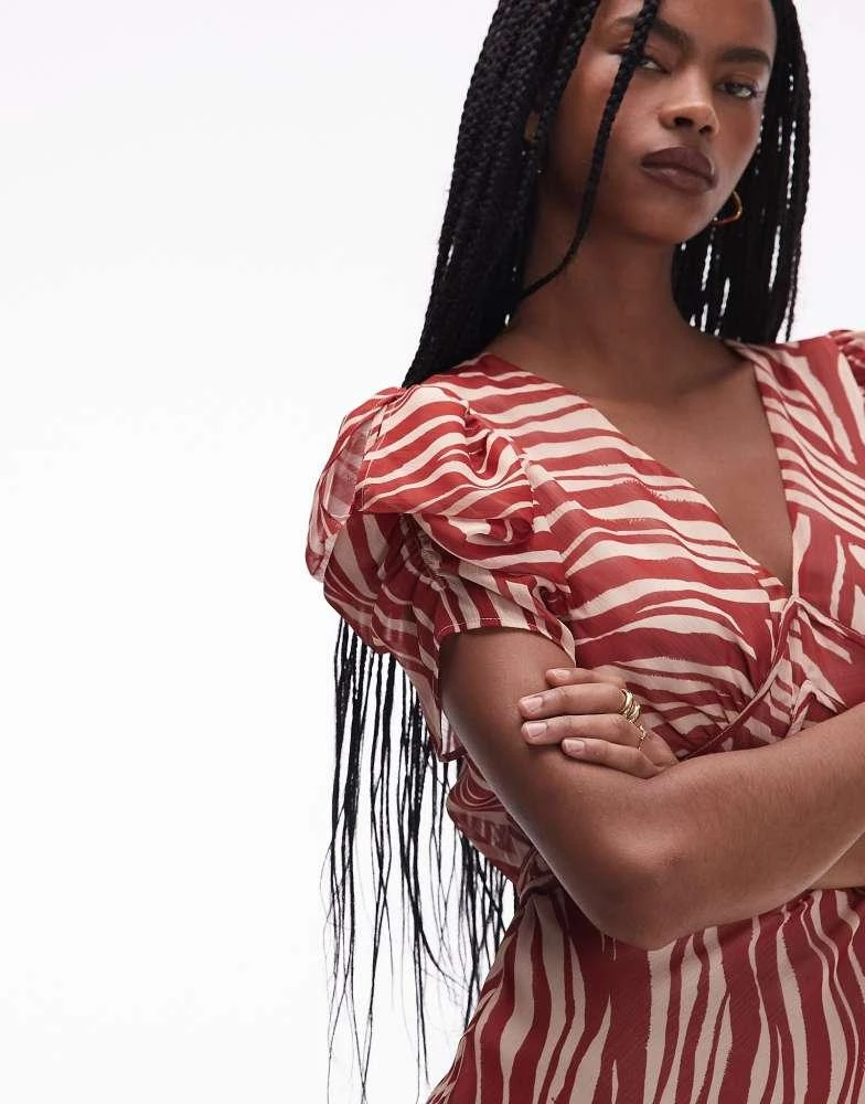 Topshop Topshop pinned sleeve mini tea dress in red and beige zebra 2