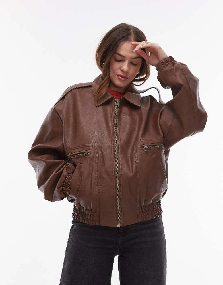 Topshop Topshop faux leather oversized bomber jacket in brown 1