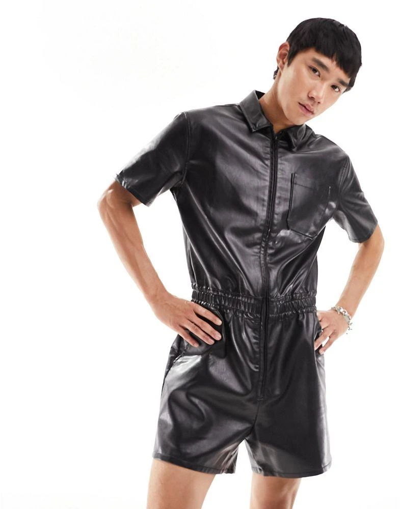 ASOS ASOS DESIGN short boilersuit in black leather look 2