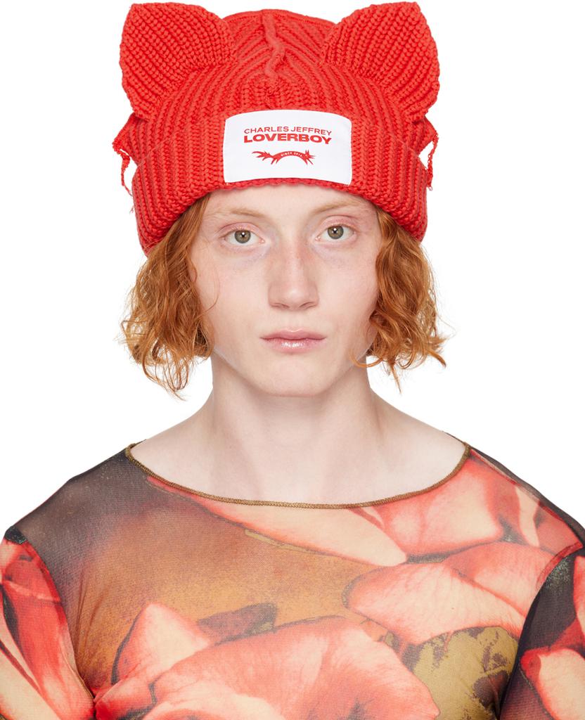 【Charles Jeffery Loverboy】ニットバック 赤 22SS Red Chunky Ears Beanie – On Sale Now with Up to 11% Off