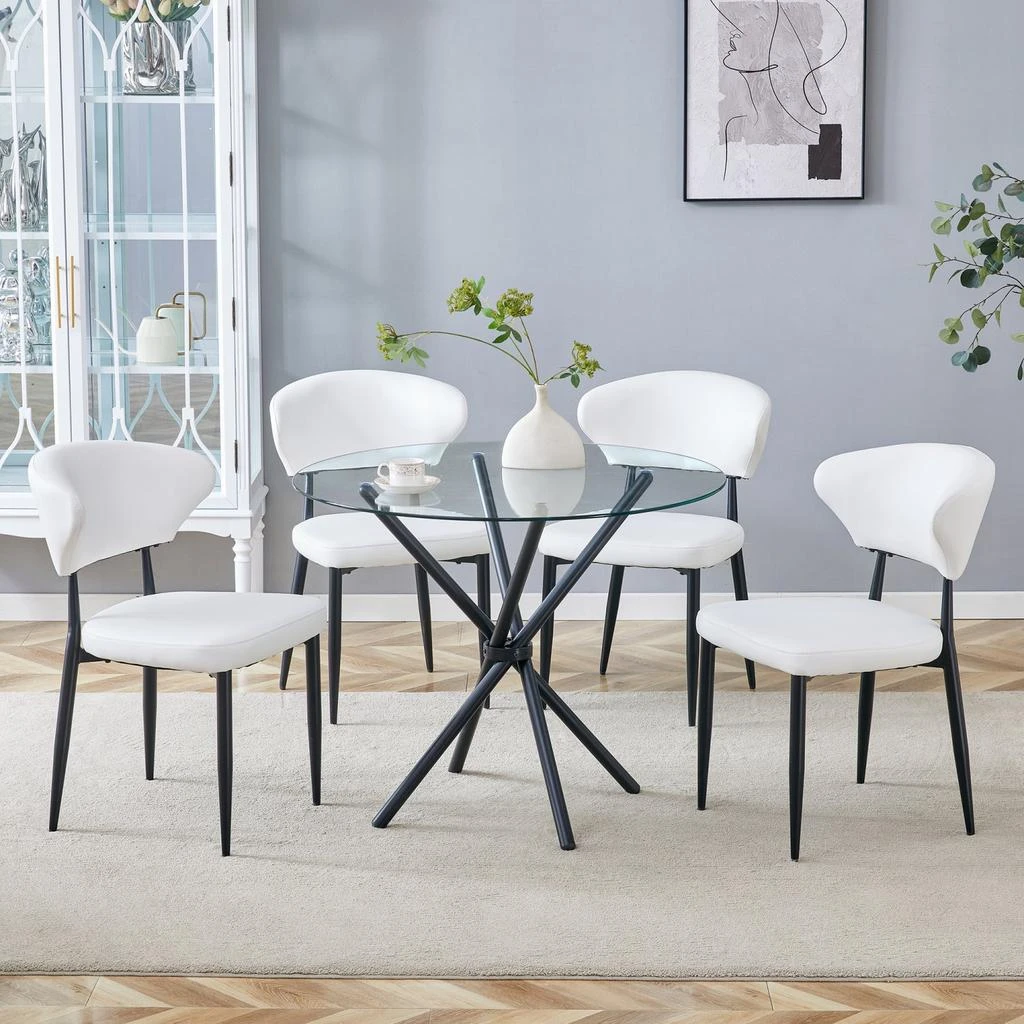 Streamdale Furniture Streamdale Glass Round Table 
4 White PU Chairs 5