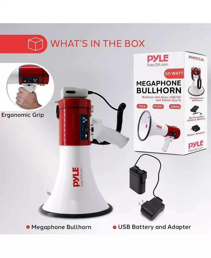 Pyle 50-Watt Portable Megaphone with USB/SD Readers, MP3 Playback, Siren Mode, Rechargeable Battery, Wired Handheld Microphone 2