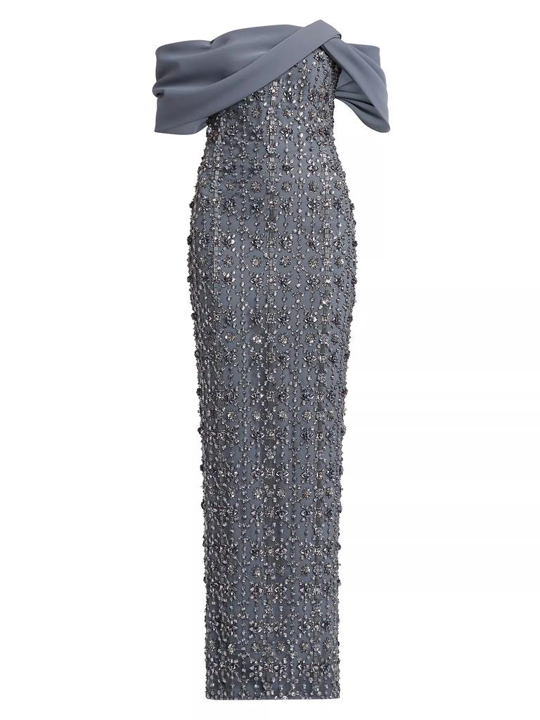 Pamella Roland Crystal-Embellished Tulle Off-The-Shoulder Gown