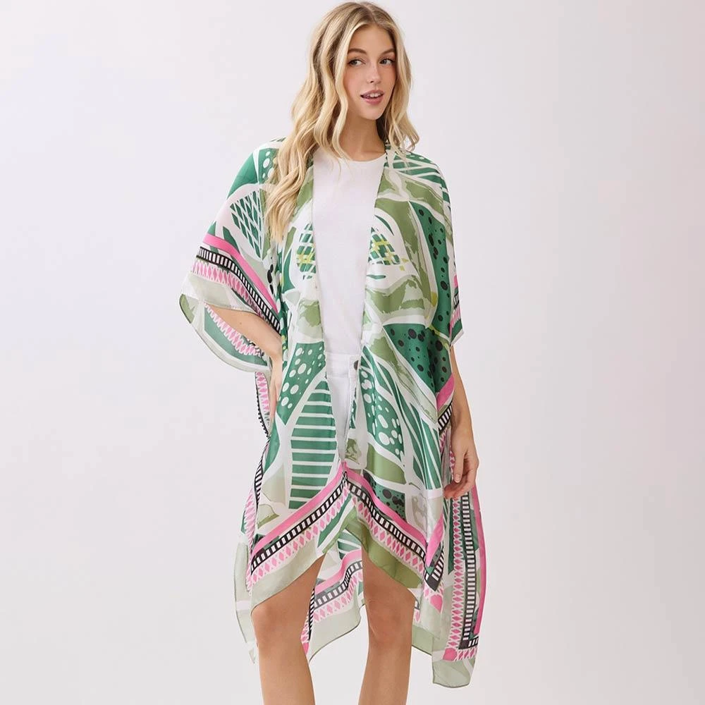 TRUEDAMES Abstract Botanical Print Silky Feel Kimono Poncho 5