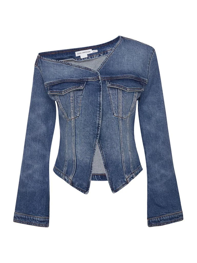 Good American Asymmetric Denim Flare Sleeve Split-Hem Shirt 1