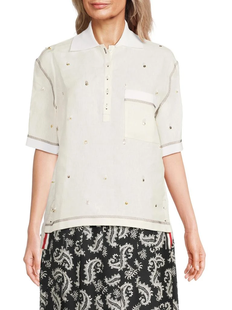 Thom Browne Sequin-Embellished Linen Polo Shirt 1