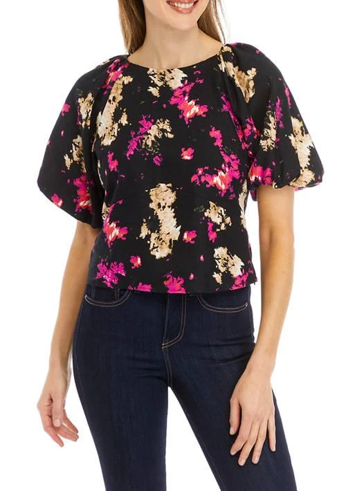 DKNY Womens Puff Sleeve Floral Printed Blouse 1