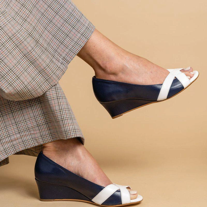 Patricia Green Como Peep Toe Wedge Navy/White 2
