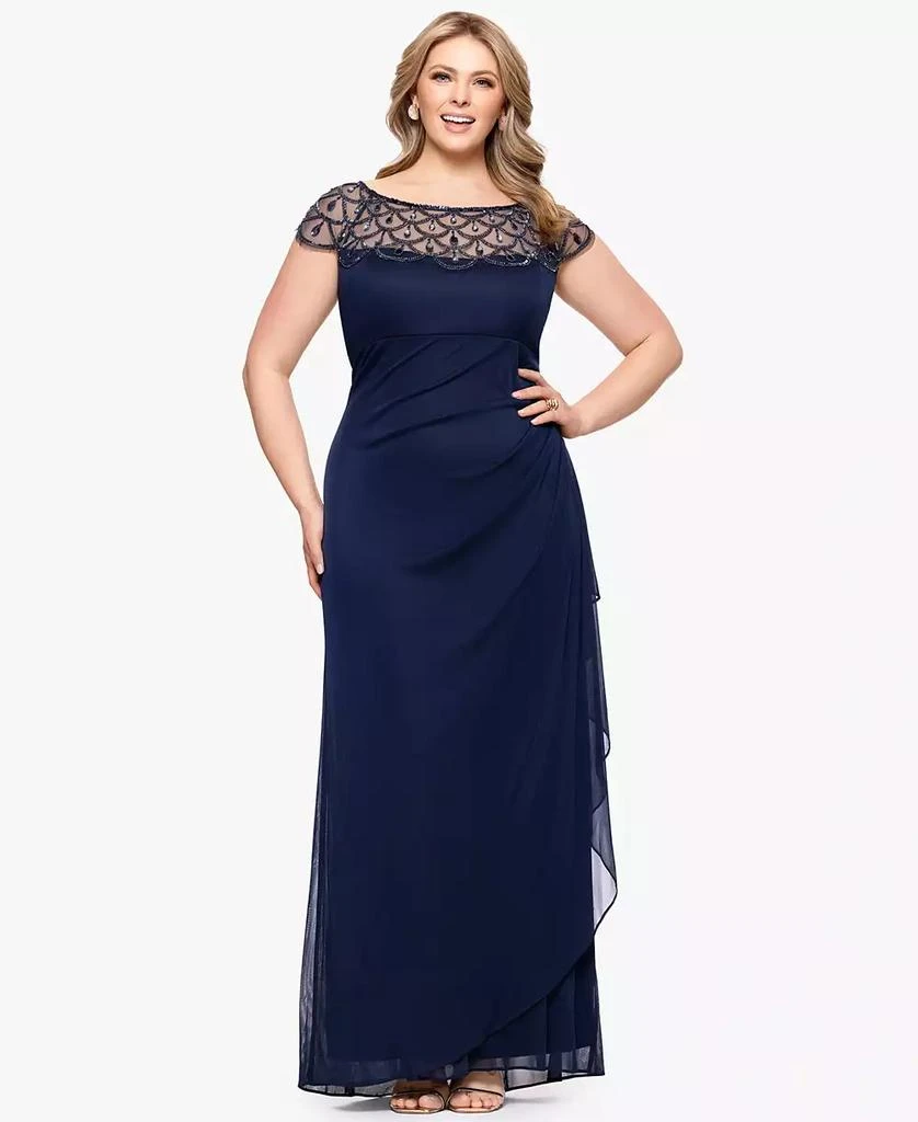 XSCAPE Plus Size Sheer Boat-Neckline Long Sheath Dress 1