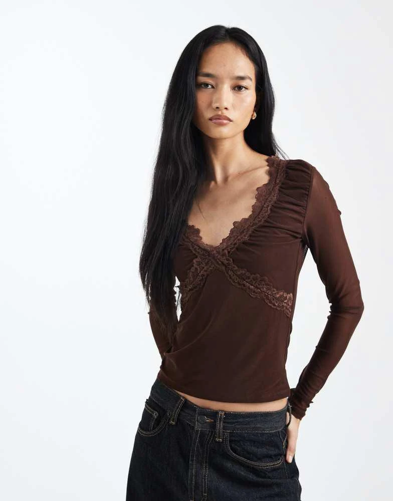 ASOS ASOS DESIGN mesh lace trim plunge long sleeve top in chocolate