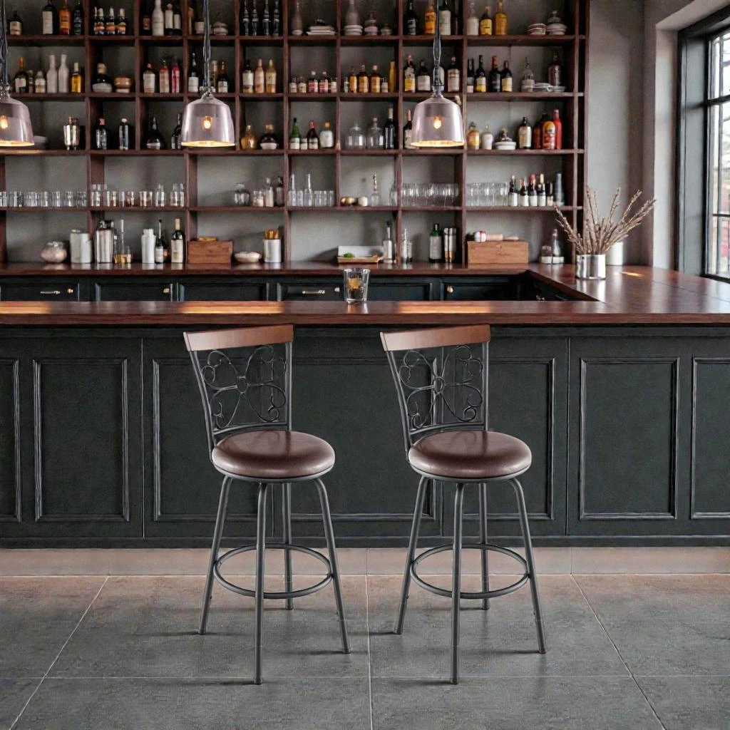 Hivvago Set of 2 Adjustable Height PU Leather Swivel Bar Stools with Cushioned Seats