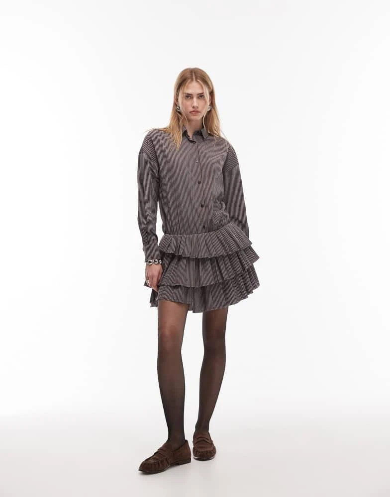 ASOS ASOS DESIGN drop waist mini shirt dress with pleated skirt in brown and blue stripe