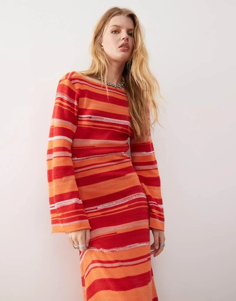 Reclaimed Vintage Reclaimed Vintage knitted flared sleeve maxi dress with tie cowl back in pink and orange stripe 2