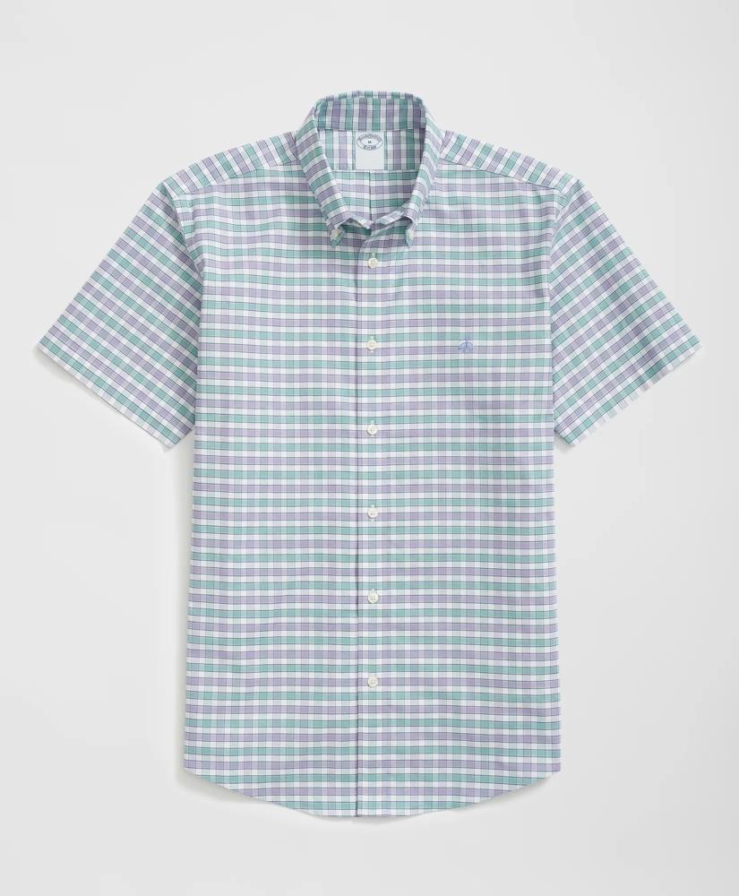 Brooks Brothers Stretch Cotton Non-Iron Oxford Polo Button Down Collar, Checked Short-Sleeve Shirt
