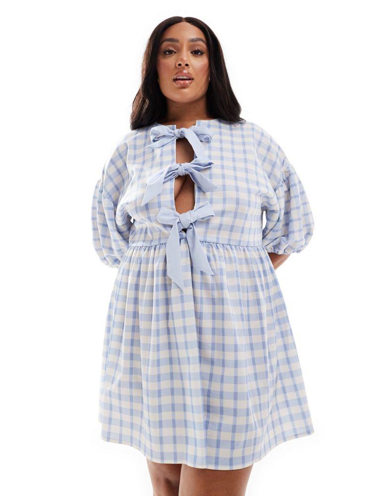 ASOS Curve ASOS DESIGN Curve puff sleeve tie front mini dress in blue gingham print