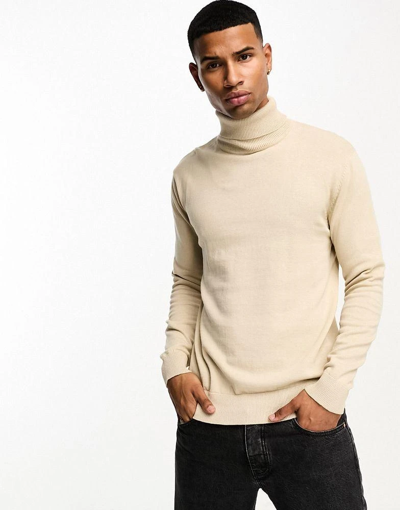 Brave Soul Brave Soul cotton roll neck jumper in stone 3