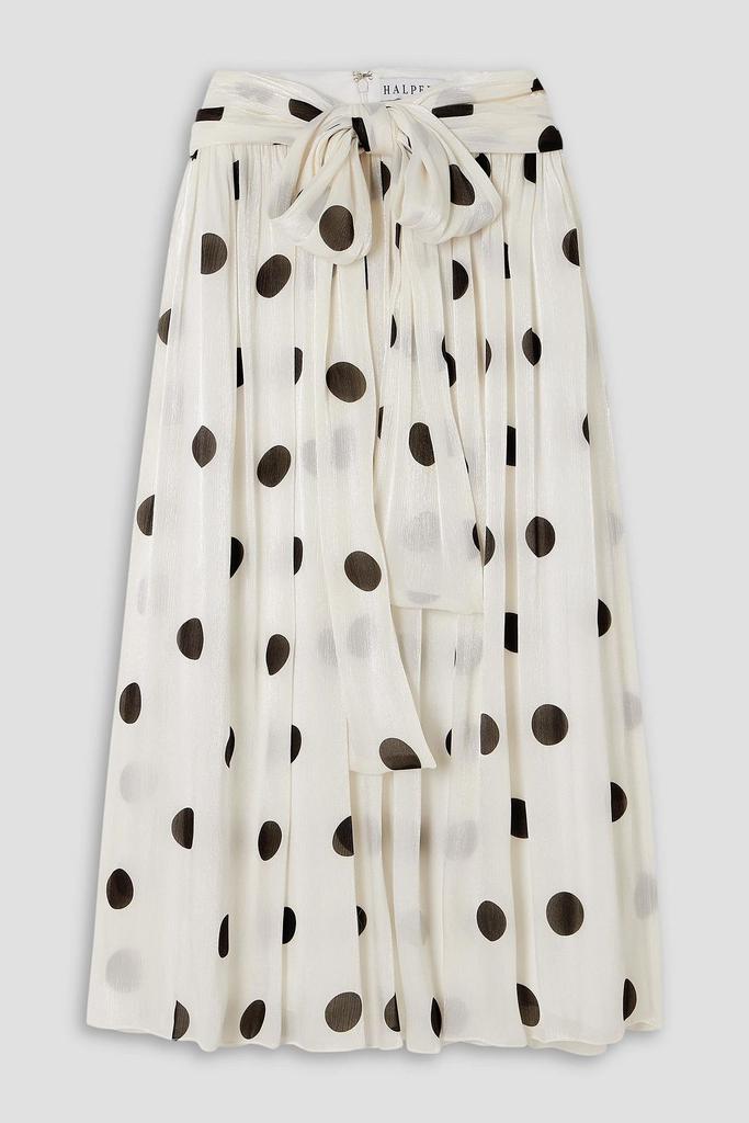 Halpern Belted polka-dot crepon midi skirt
