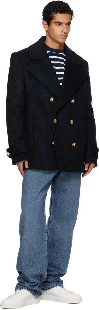 Balmain Navy Short Striped Wool Pea Coat 4
