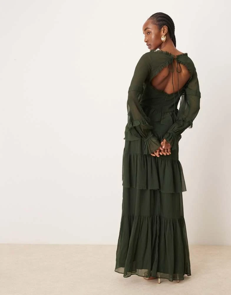 ASOS ASOS DESIGN v front tiered ruffle maxi dress with hi low hem and pin tucks in dark olive 4