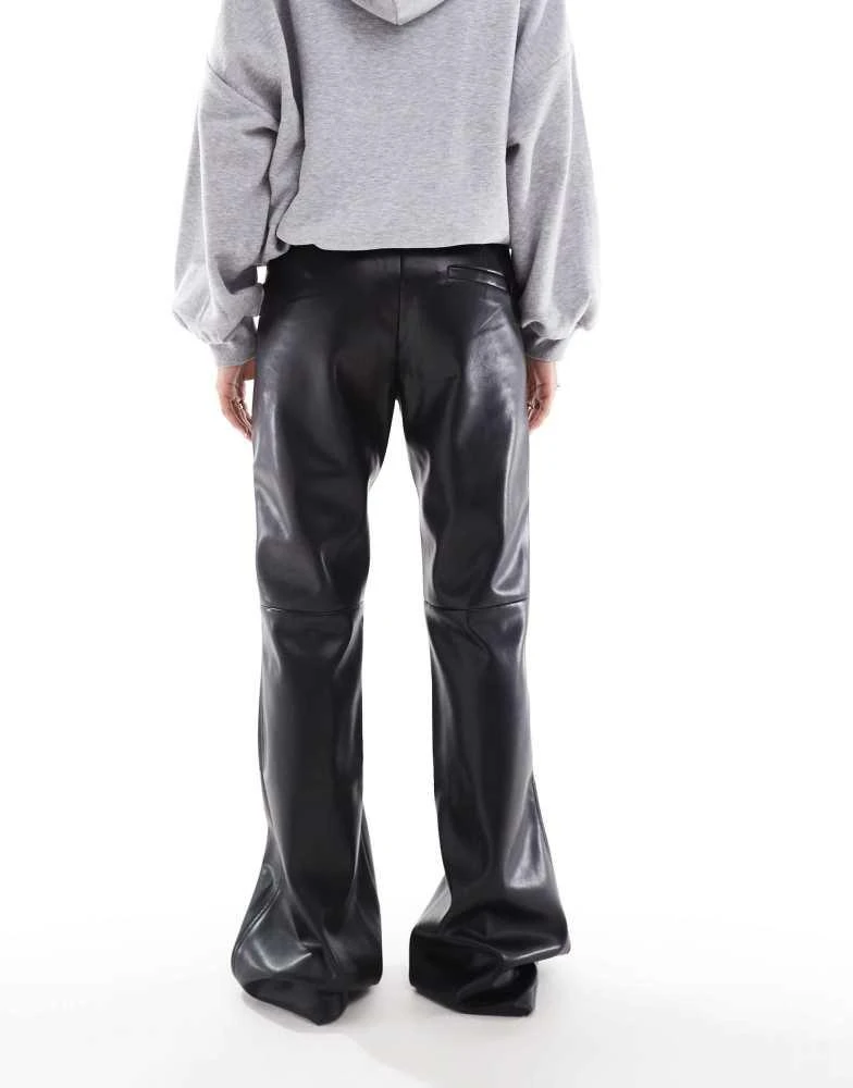 Bershka Bershka Petite faux leather flared trousers in black 4