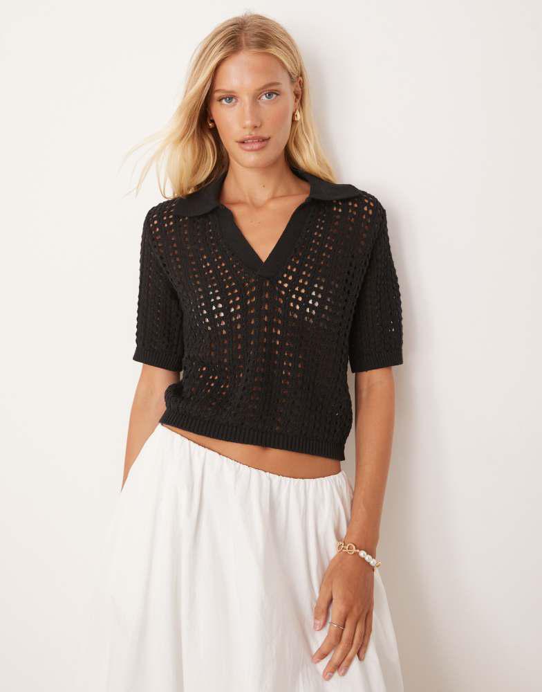 Brave Soul Brave Soul Pointelle knit collared t-shirt in black