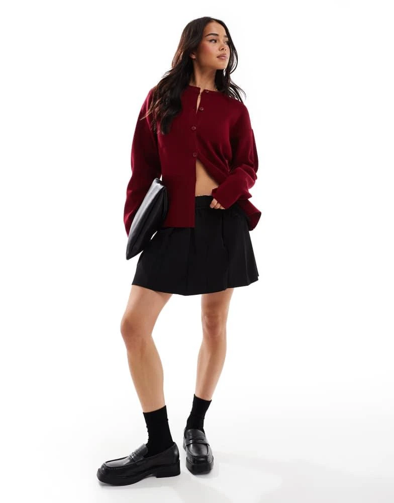 ASOS ASOS DESIGN knitted structured crew neck cardigan in burgundy 2