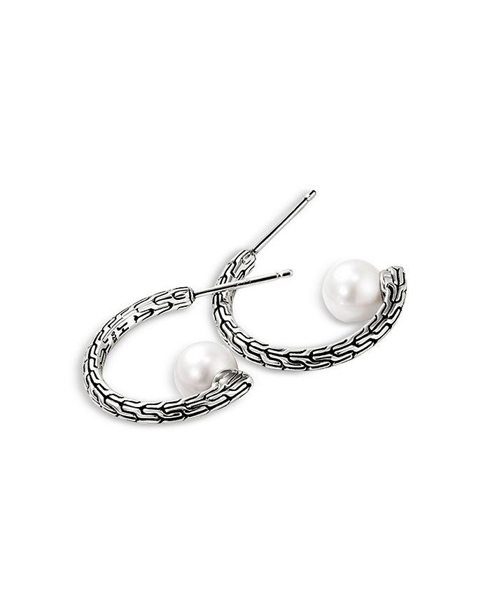 John Hardy Sterling Silver JH Essentials Cultured Freshwater Pearl Carved Chain Hoop Earrings