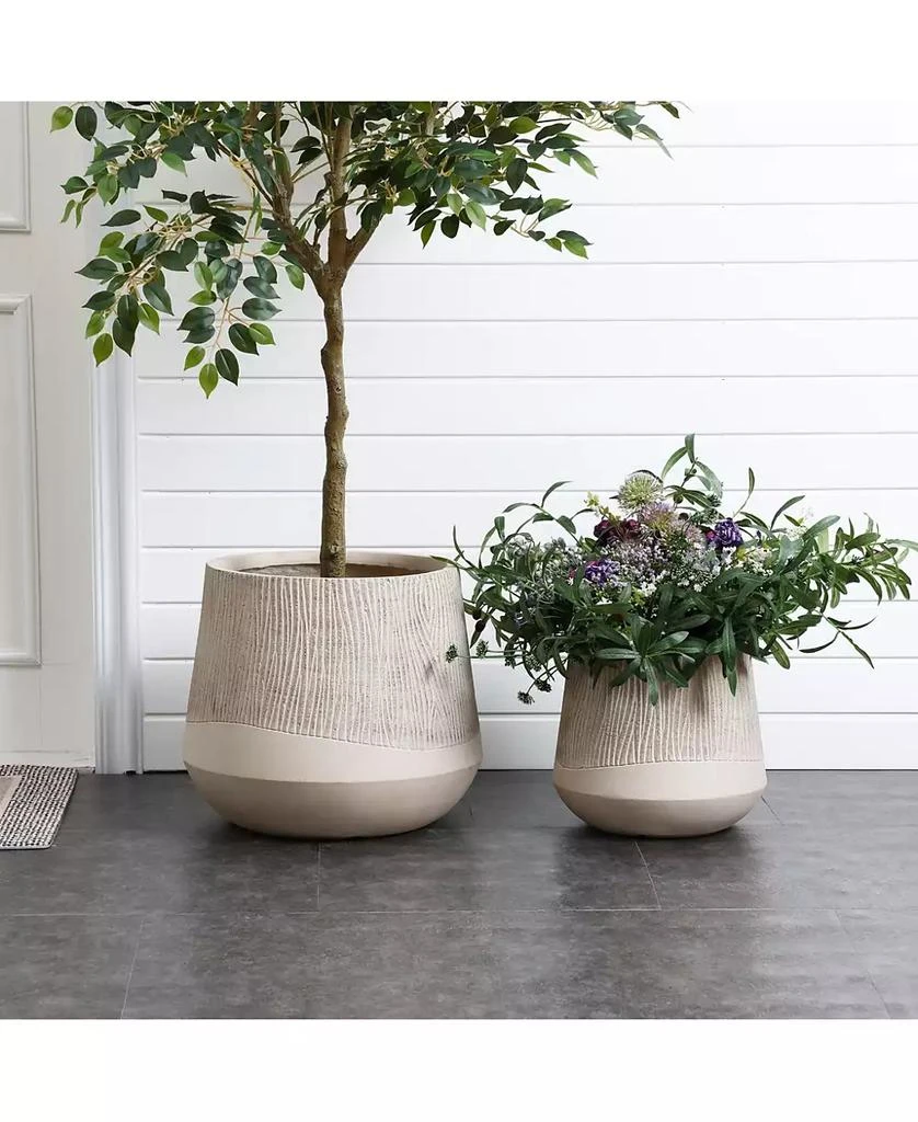 LuxenHome Blended Tan with Wood Pattern Round Tapered 15-Inch Tall MgO Planter, Indoor and Outdoor 3