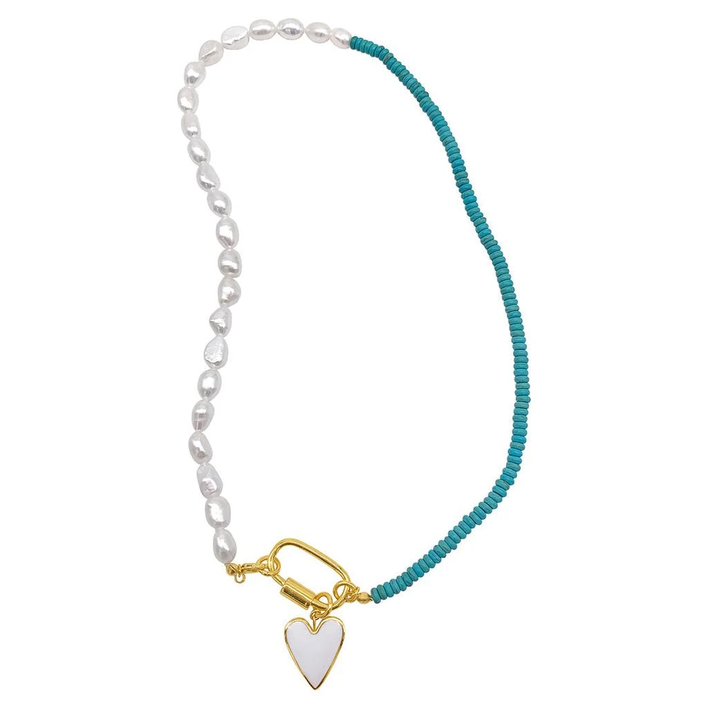 Adornia Turquoise and Freshwater Pearl Lock and Heart Pendant Necklace gold 1