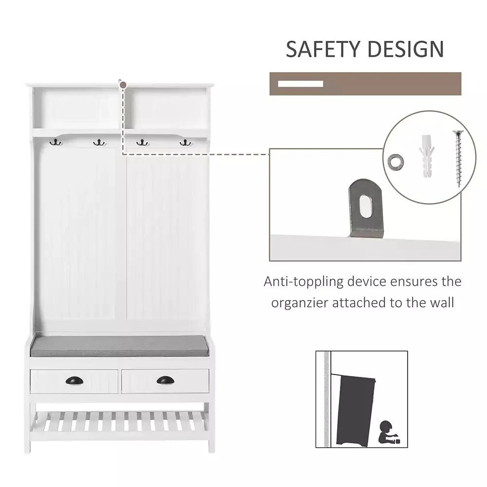 Streamdale Furniture 3-in-1 Hall Tree, Entryway Bench with Coat Rack, Mudroom Bench with Shoe Rack, 2 Storage Drawers, 4 Hooks and Padded Seat Cushions for Hallway, White 4