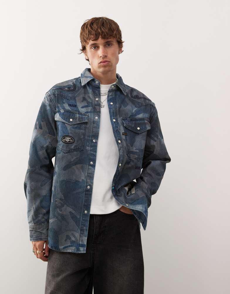 AAPE Aape by A Bathing Ape loose fit long sleeve denim shirt in blue camo jacquard