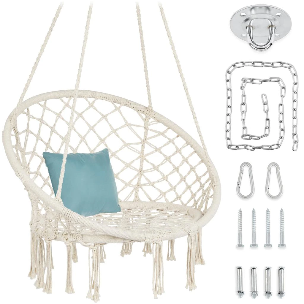 Best Choice Products Handwoven Cotton Macramé Hammock Hanging Chair Swing for Indoor & Outdoor Use w/ Backrest 1