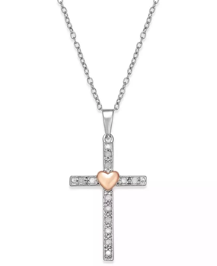 Macy
s Diamond Two-Tone Cross Pendant Necklace (1/10 ct. t.w.) in Sterling Silver with 18k Rose Gold-Plated Sterling Silver Accent