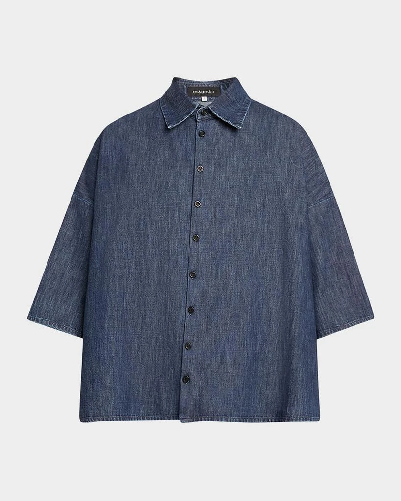 Eskandar Sloped Shoulder Wide A-Line Denim Shirt 1