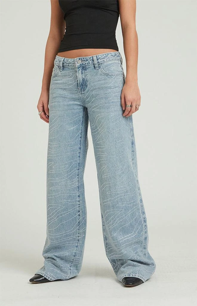 PacSun Casey Light Indigo Rhinestone Zebra Low Rise Baggy Jeans 1